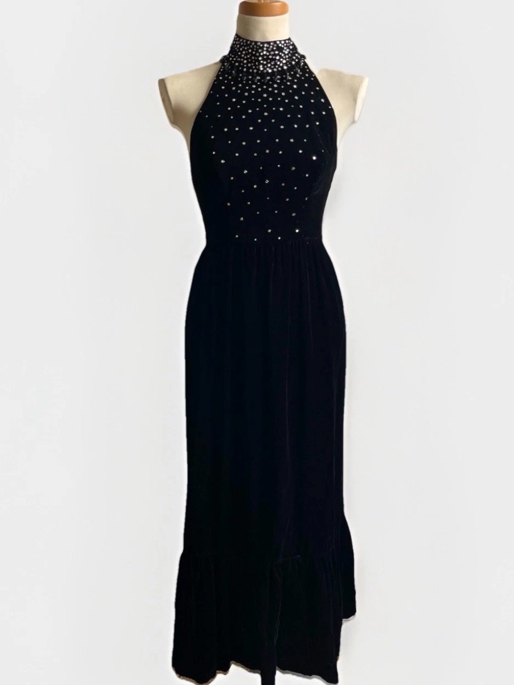 Vintage 60s Eloise Curtis Happenstance Black Velvet Long Dress Halter Small